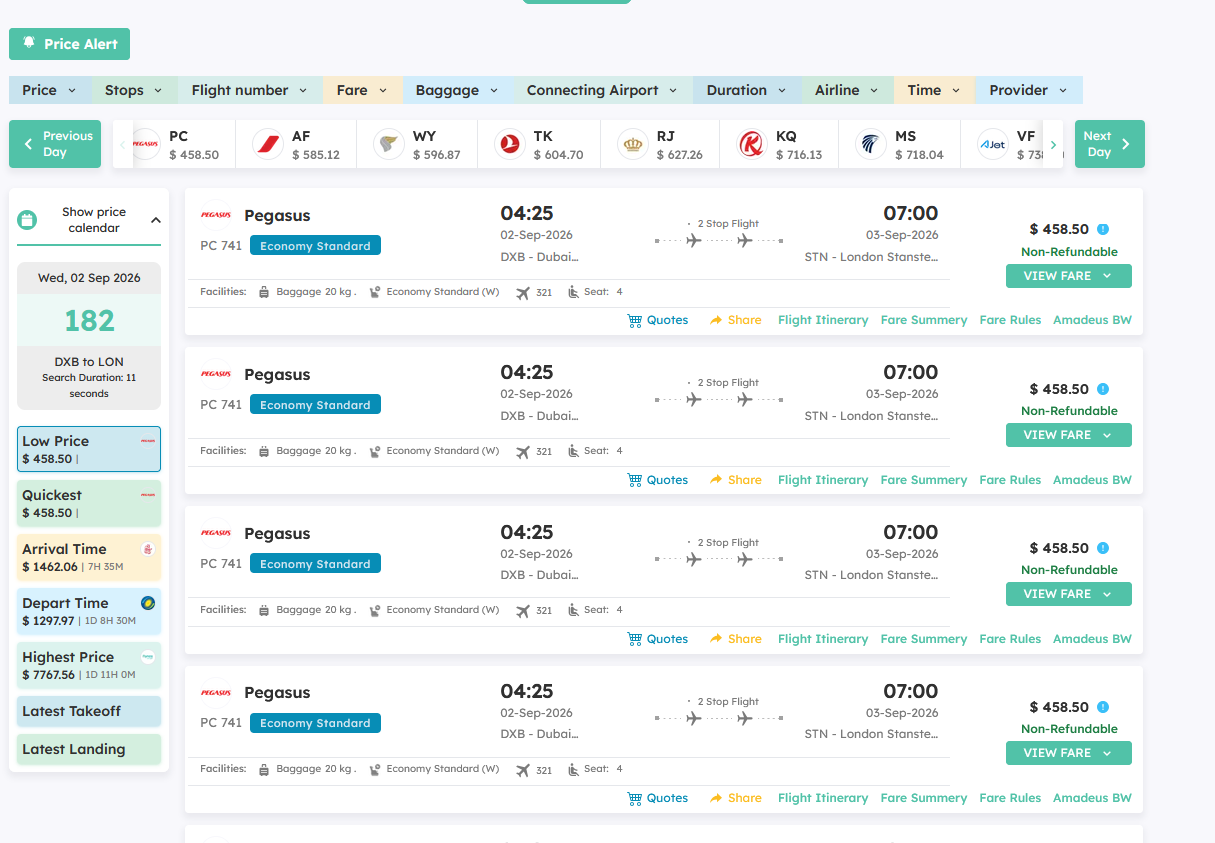 NOVA flight results screen showing filters, airline fares and a low-price result
