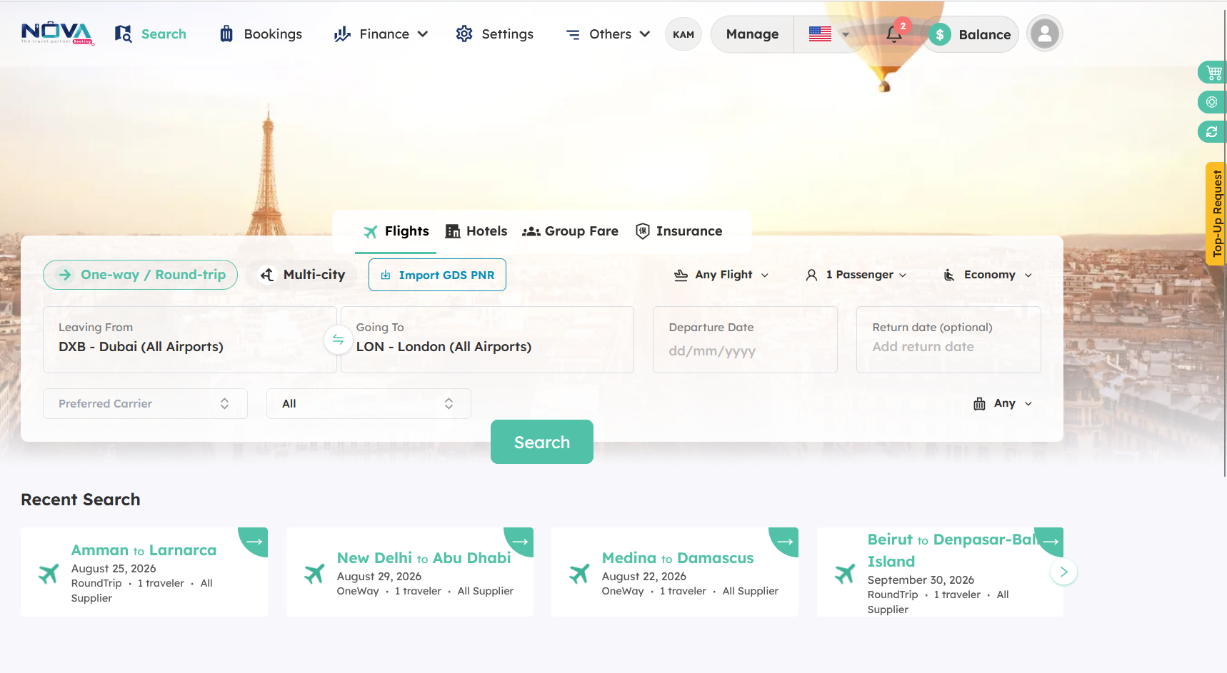 NOVA B2B flight search screen with flights, hotels, group fare and insurance tabs